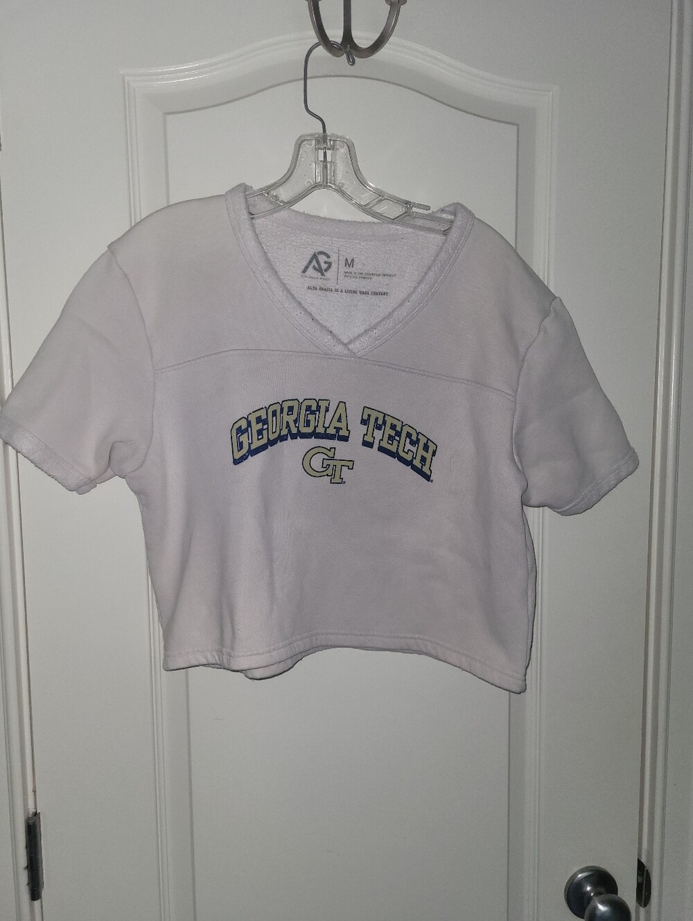 Georgia Tech Alta Gracia White Cropped V-Neck Top - University Logo